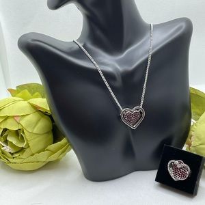 Silver and red diamond necklace with earrings ring